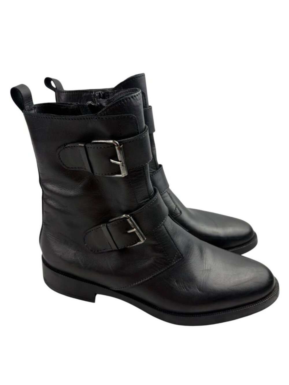 *Emanuel Crasto Womens Brown Italian Leather Moto Biker Buckle Classic Boots 40